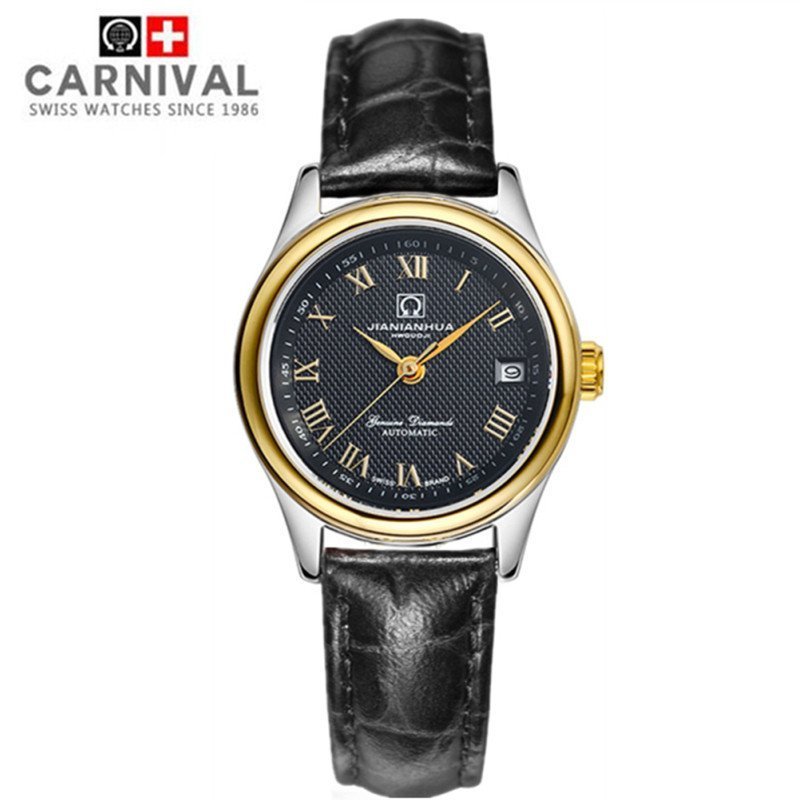 瑞士嘉年华CARNIVAL手表 时尚镶水钻女士石英表 日历防水 皮表带款时尚女表 腕表 全国联保8830L真皮表带 间金罗黑