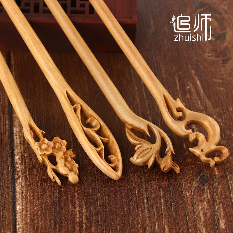 追师桃木古风发簪木质凤花瓶桃花梅花木簪子简约盘发束发簪木钗制 桃花