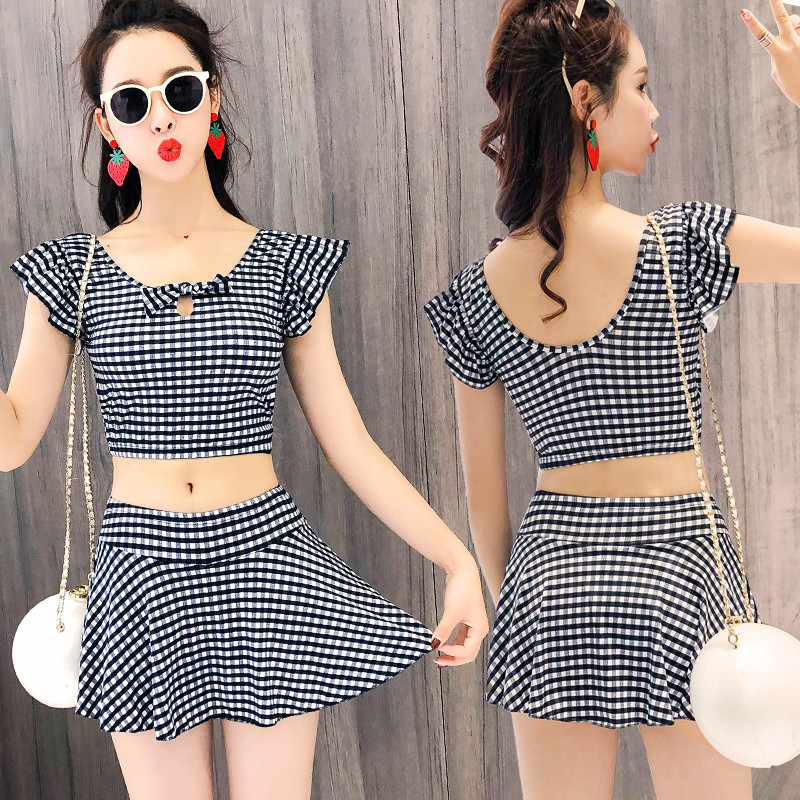 分体比基尼泳衣两件套平角保守裙式遮肚显瘦少女学生游泳衣女