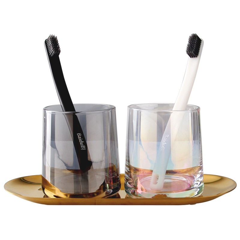 牙杯ins风简约情侣家用套装漱口杯网红款北欧玻璃牙刷杯牙缸杯 三维工匠 1烟灰1透明+大号金托玻璃杯洗漱杯