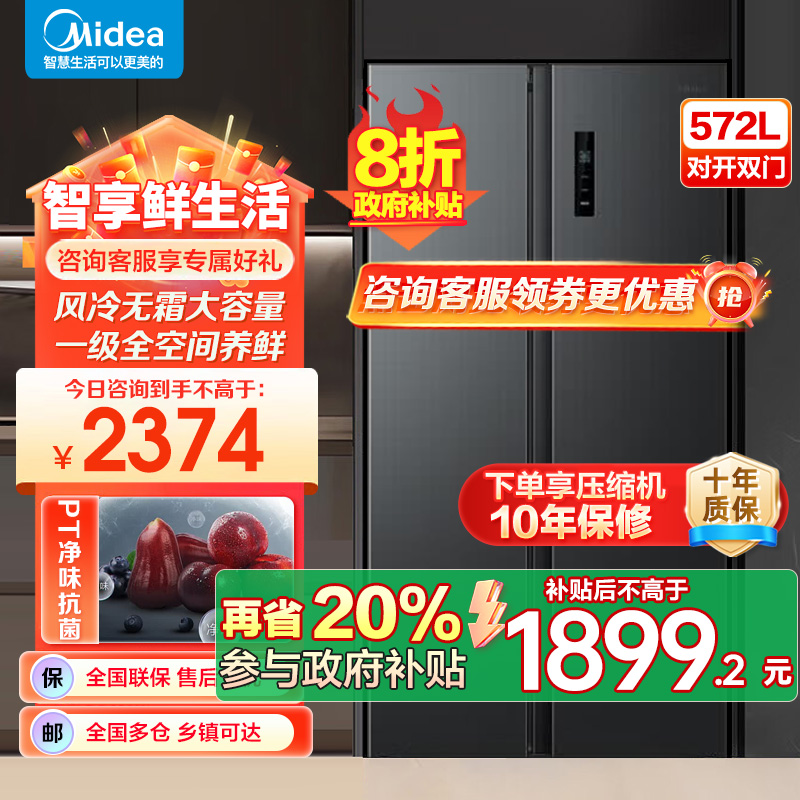 美的(Midea)572升双开对开门冰箱一级能效大容量风冷无霜超薄 BCD-572WKPM(Q) 炭灰-[570升级款]