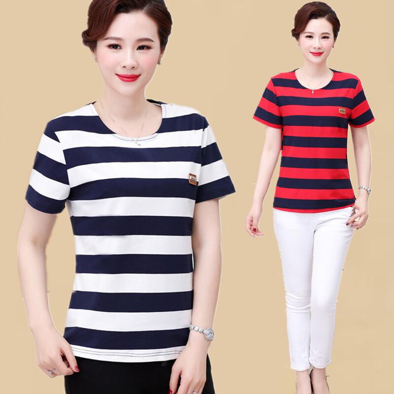 黑白条纹女t恤上衣中年显瘦短袖大码宽松妈妈夏装粗横条v领海魂衫