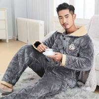 情侣睡衣男女士冬季三层加厚夹棉保暖法兰绒珊瑚绒灰色家居服套装