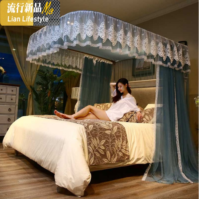 u型导轨蚊帐双人家用加密学生宿舍三开1.8米床支架1.5m床帘纹帐三维工匠 1.8m（6英尺）床 花夏灿烂-灰蓝
