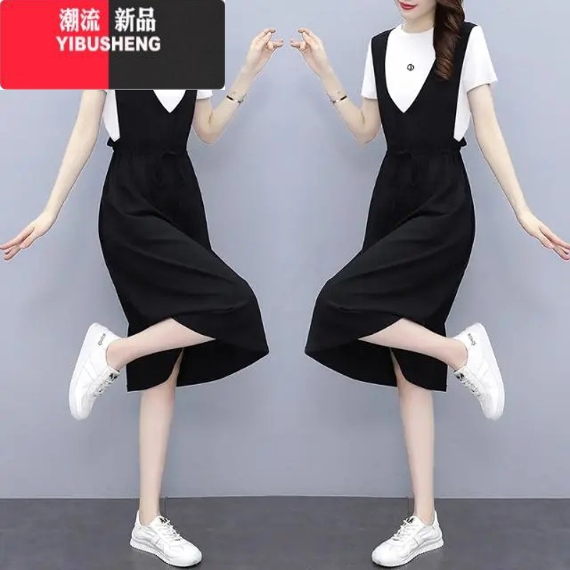 YIBUSHENG新款假两件背带裙子2022季新款大码女装撞色拼接中长款连衣裙潮高清大图