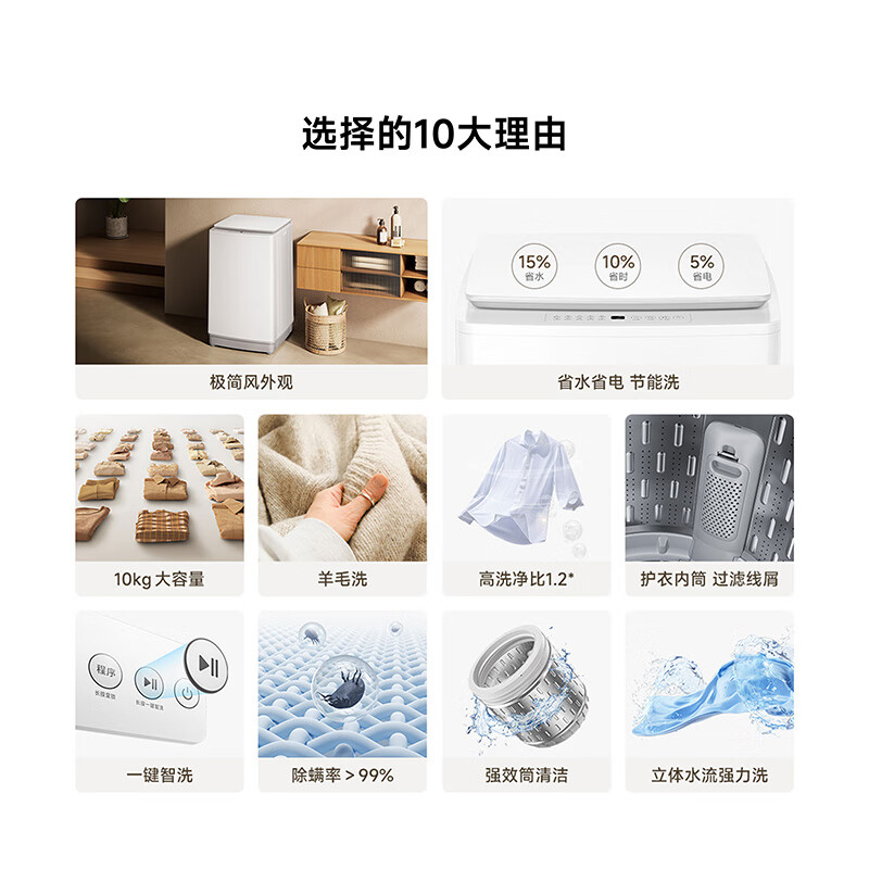 米家小米10KG超净洗波轮洗衣机全自动租房宿舍 大容量不锈钢护衣内桶 深层洁净健康桶自洁XQB100MJ104高清大图