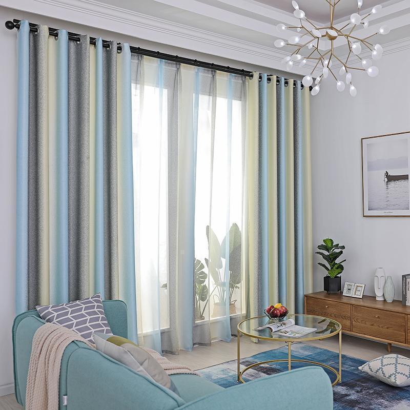 家柏饰(CORATED)窗帘北欧渐变条纹遮光客厅卧室地中海简约现代棉麻纱帘定制成品 渐变灰蓝黄 宽3.5米高2.7米【挂钩单片】