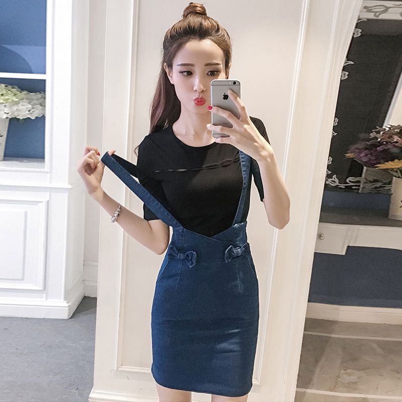 春夏时尚套装女韩版修身牛仔背带裙包臀连衣裙子蝴蝶结短袖两件套 单件裙子 S