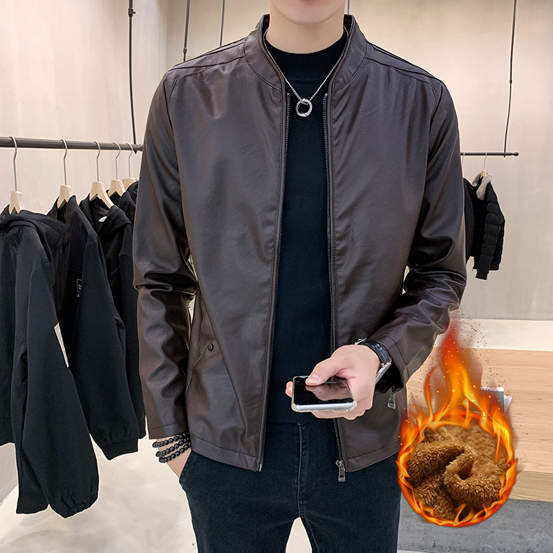【专柜同款】春秋冬季外套男新款休闲加绒韩版立领夹克皮衣男装加大码机车服 咖啡（加绒） XL
