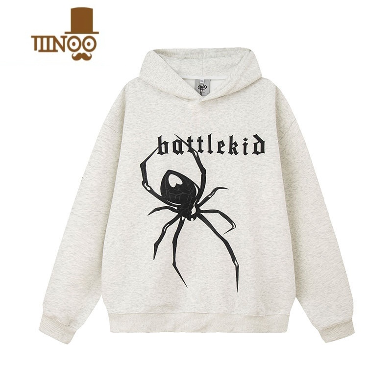 YANXUMAKAA 美式蜘蛛印花连帽卫衣男女潮牌高街欧美情侣装外套 花灰色 XL