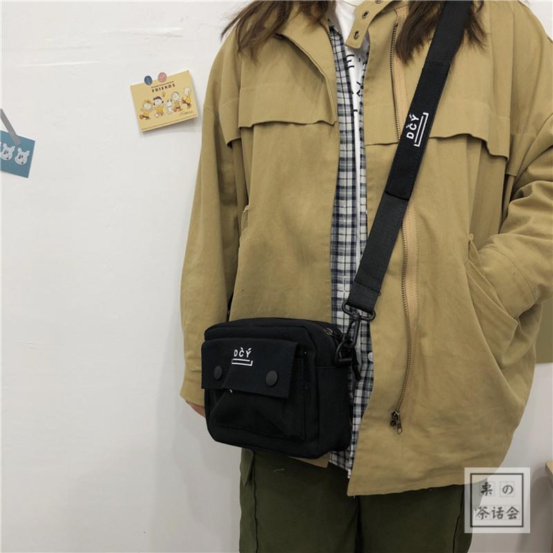 日系原宿复古港风斜挎包女 ins韩版刷街蹦迪小包包学生单肩帆布包 黑色 [DCY]小包