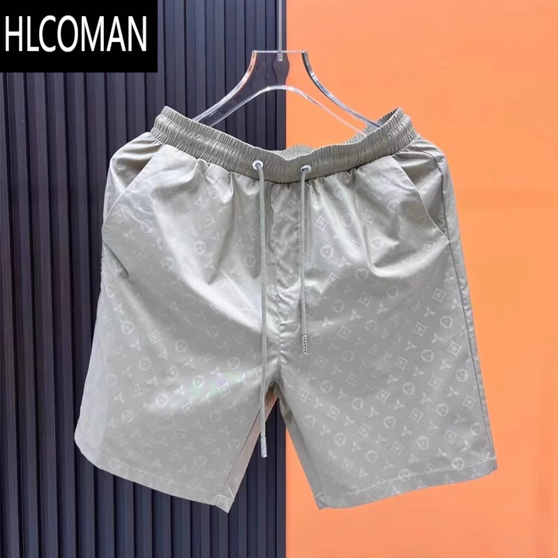 HLCOMAN欧洲站夏薄款休闲运动短裤男高端潮牌印花网红冰丝五分沙滩裤黑色