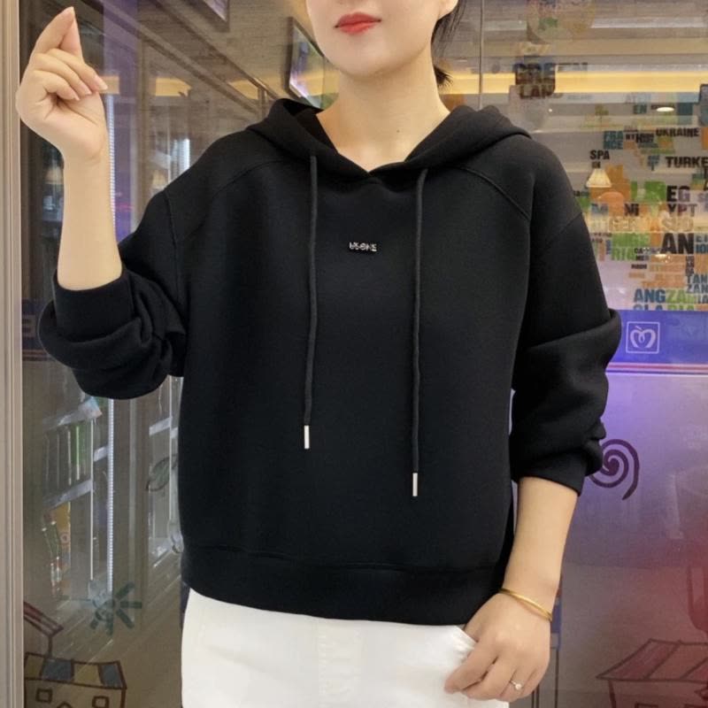 秋季加绒休闲卫衣简约纯色减龄连帽宽松春秋打底保暖上衣女图片