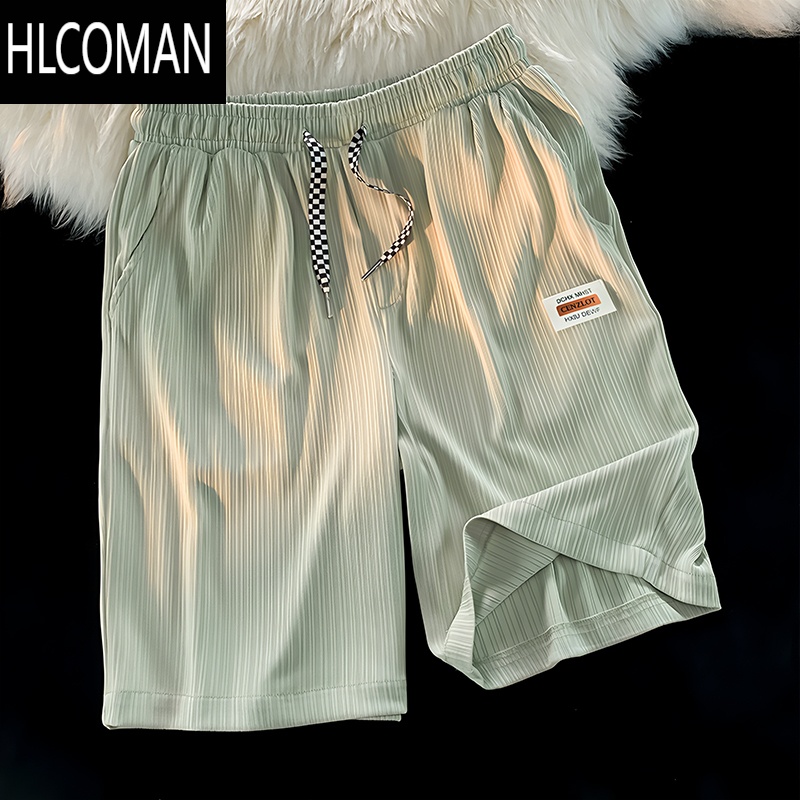 HLCOMAN冰丝短裤男夏季潮薄款运动透气宽松凉感五分裤居家直筒休闲休H L建议90斤-115斤 绿色-短裤冰丝短裤