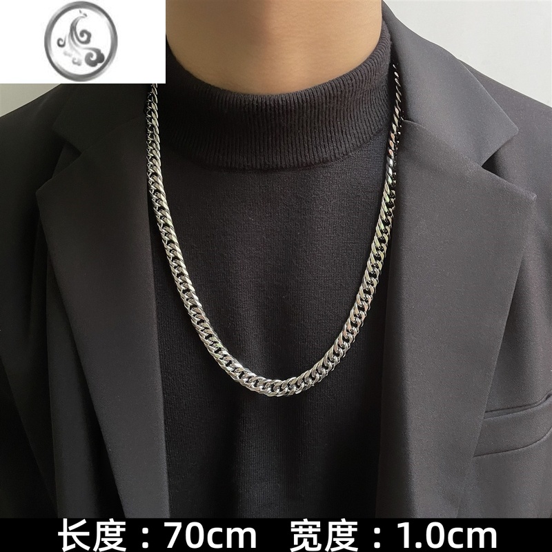 JiMi欧美夸张古巴项链男士高街美式嘻哈钛钢不掉色粗款链子女潮流百搭 银色1.0粗款双扣链70厘米