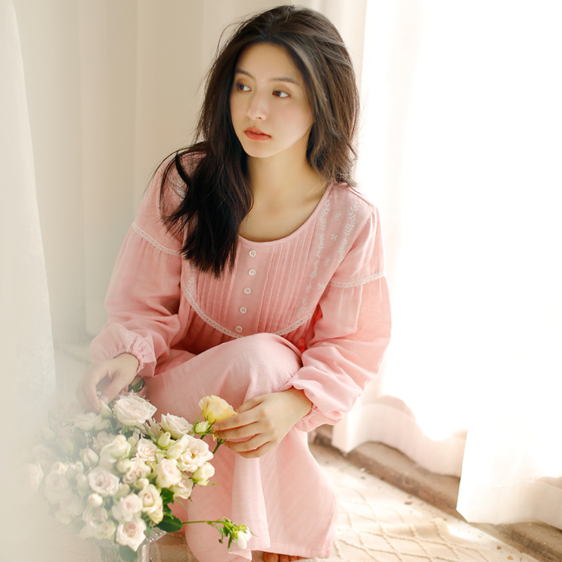 hlcoman长袖睡裙女春秋长款过膝长裙公主风宫廷棉三层纱布睡衣裙子