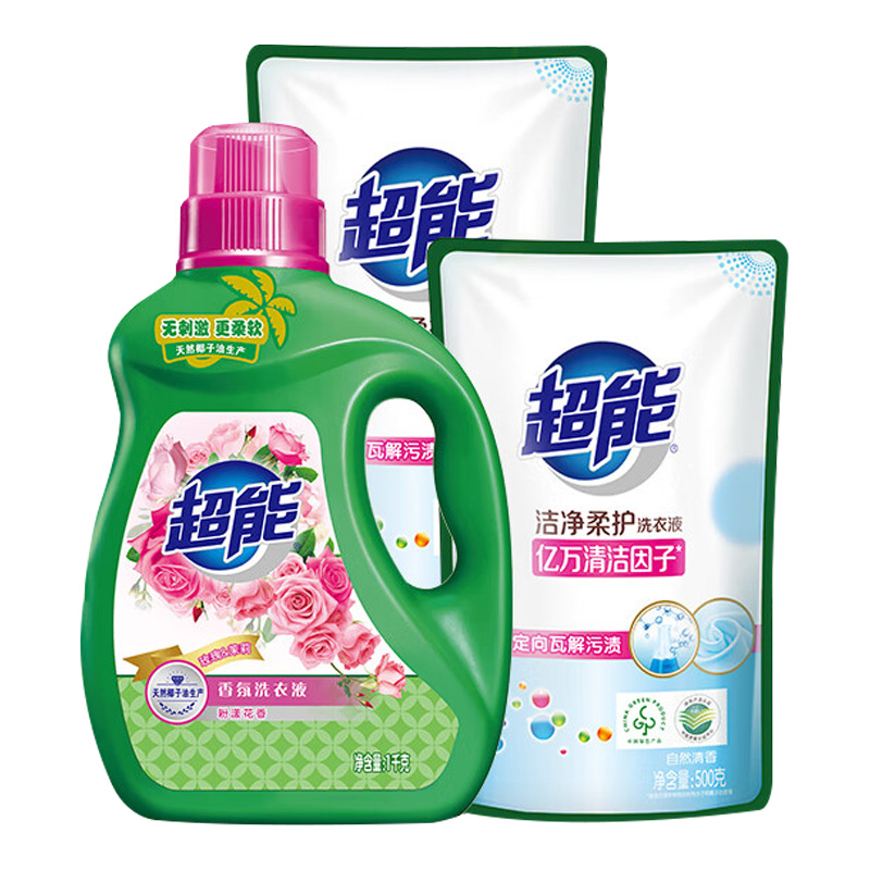 超能洗衣液套组去污去渍持久留香家用1kg+500g*2袋