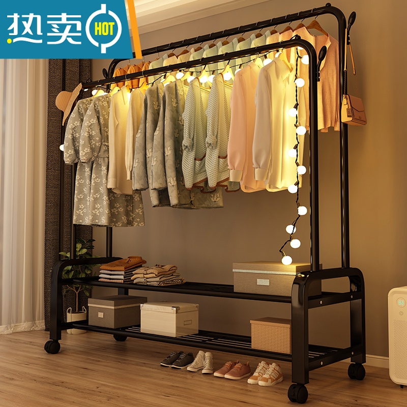 敬平简易晾衣架落地折叠卧室单杆室内晾衣杆挂衣架阳台晒衣服架子家用 150CM[白色双杆]四钩+单层置物网+赠万向轮高清大图