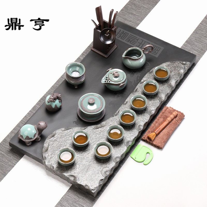 鼎亨天然石材茶台整块一体石茶海托盘家用乌金石茶盘整套陶瓷茶具