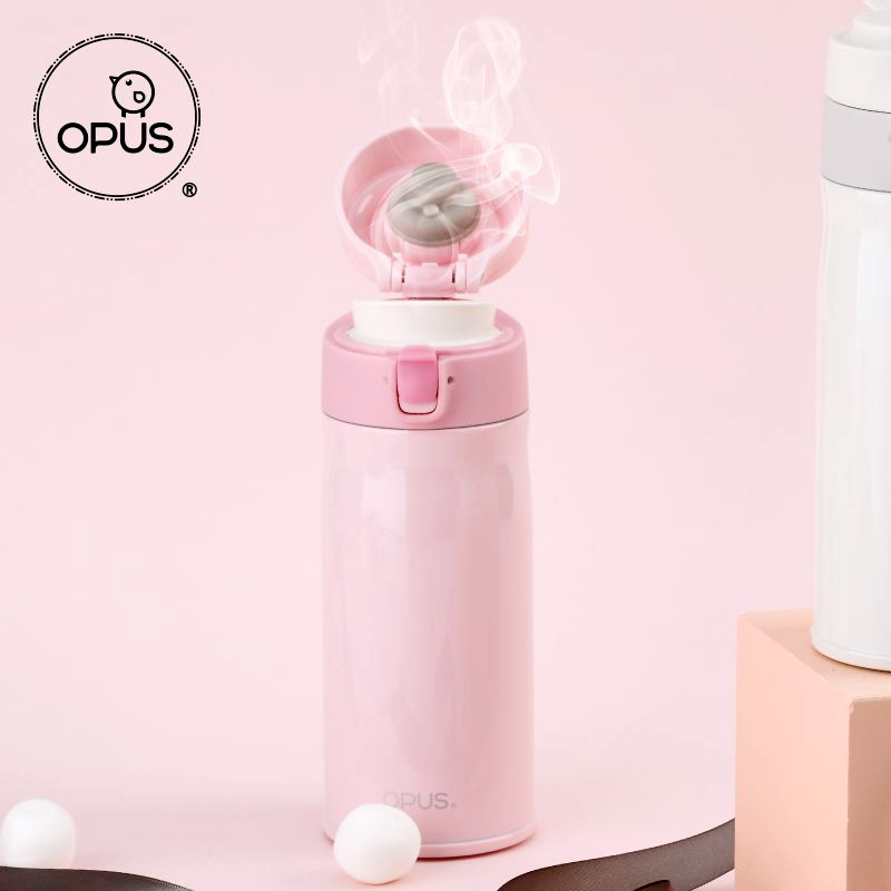 opus珠光白保温杯女士便携迷你情侣340ml水杯随行创意弹跳盖不锈钢杯子