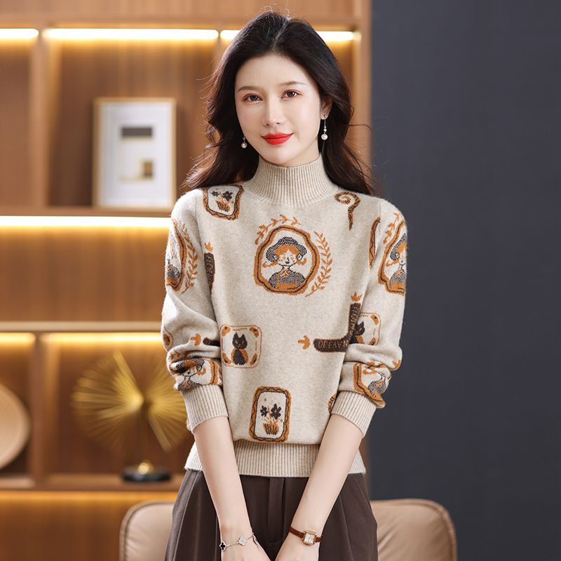 2024春秋新款山羊绒衫女针织衫打底衫毛衣圆领羊毛衫女修身短款毛衣女长袖简约绣花修身半高领毛针织衫女多款高清大图