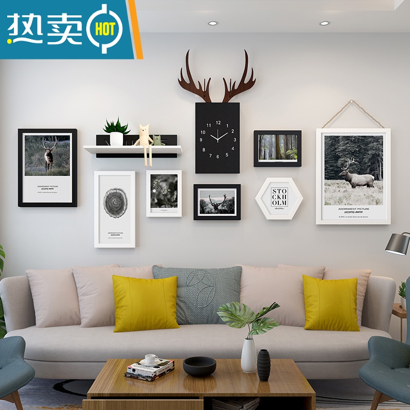 敬平北欧客厅装饰画沙发背景墙钟表画餐厅墙面墙壁画卧室房间床头挂画 占墙面积165*97cm实木20mm厚板组合一套价 栖息之鹿+黑白钟表款