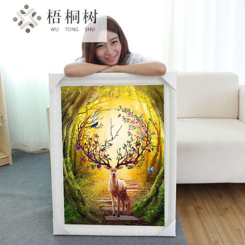 2018鹿新款手工刺绣Diy印花十字绣线绣客厅装饰画棉线绣花满绣卧室家餐厅挂画风景小幅简单大幅玄关黄金财鹿满绣全绣(棉