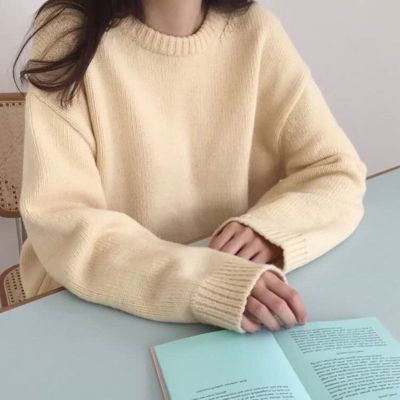紫色圆领毛衣女宽松学生韩版秋冬新款慵懒风针织衫加厚上衣外穿潮