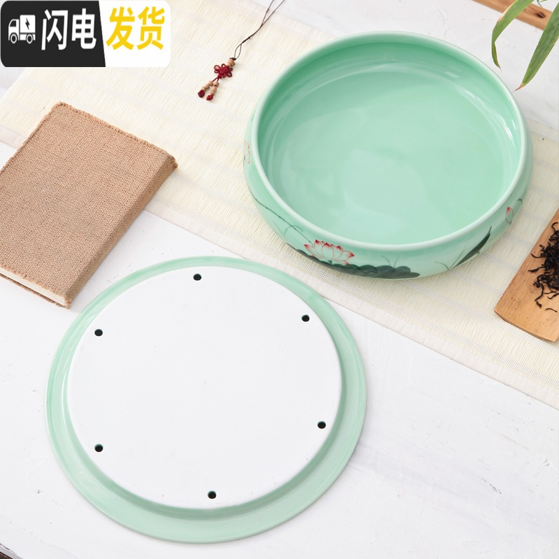 三维工匠龙泉青瓷茶具陶瓷圆形功夫茶茶盘圆托盘家用储水式大茶船茶台大号 青瓷手绘山水茶盘(25cm)