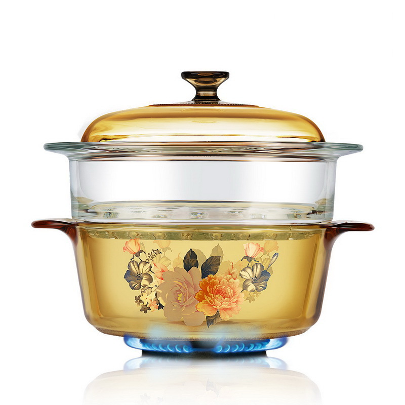 VISIONS 美国康宁晶彩透明锅VS-22-FLR+Glass Steamer (2.25L花卉汤锅带20cm蒸格组