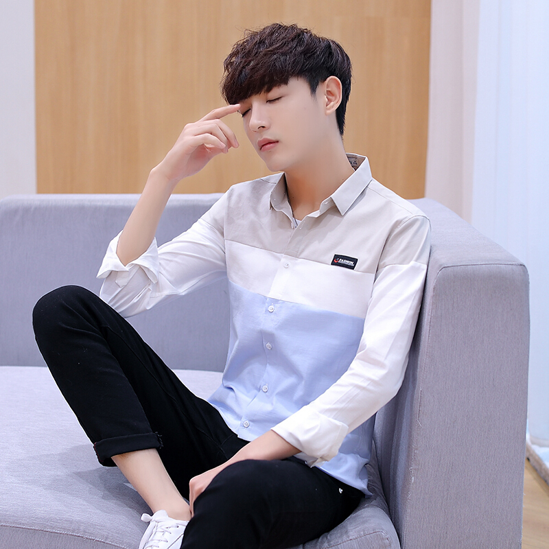 衬衫男长袖韩版修身2018春季新薄款拼接衬衣服潮流休闲帅气青少年