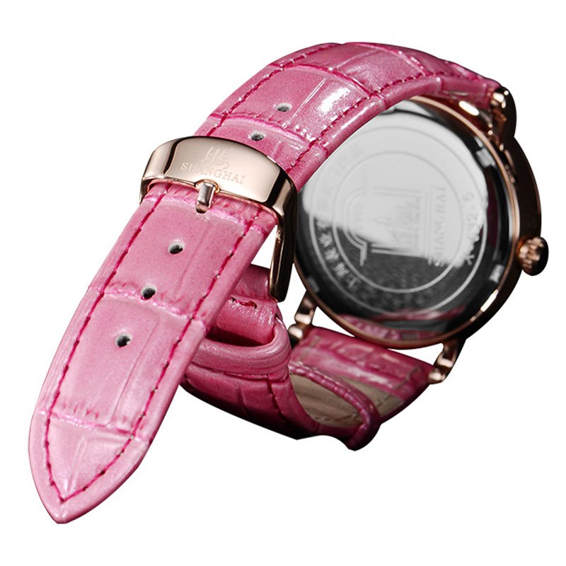 上海表SHANGHAI手表 防水女士潮流时尚真皮表带女表 石英表女士腕表皮革真皮表带女表粉色腕表X632高清大图