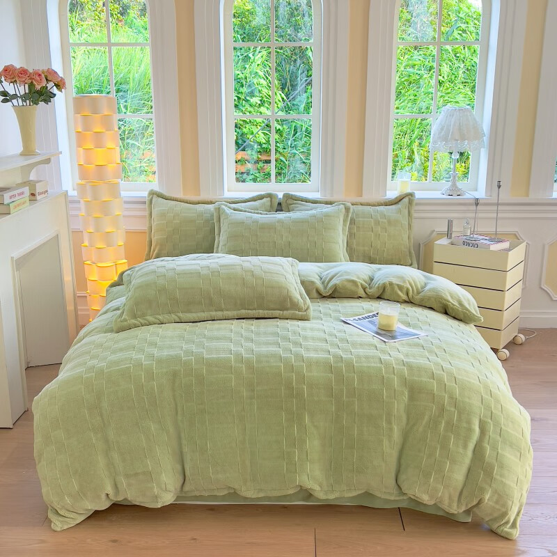 彼加曼 BGM-T2536 6D全消光皮草绒保暖四件套-豆绿(被套200*230cm)