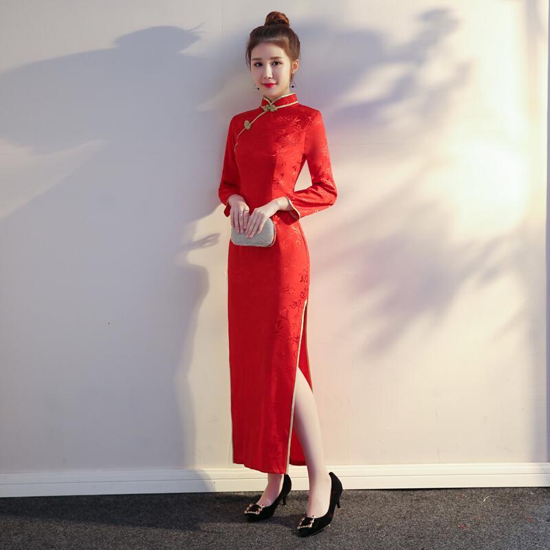 礼仪服装女迎宾小姐服秋冬季长袖裙红色长款酒店剪彩旗袍敬酒礼服