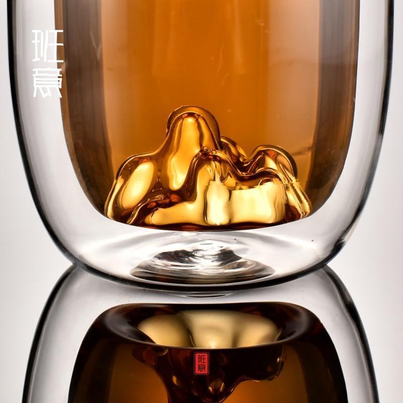 观山杯双层玻璃茶杯金边透明耐热泡茶杯创意雪山绿茶茶具喝水杯子绿茶