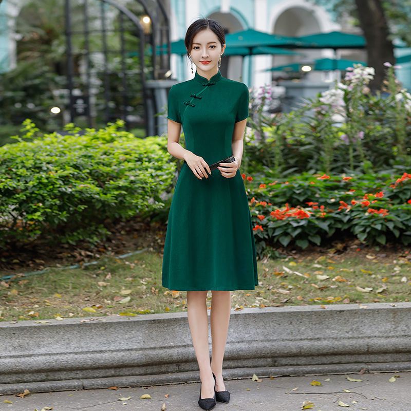 美帛夏季新款改良版旗袍女中国风纯色遮肚显瘦中长款旗袍连衣裙