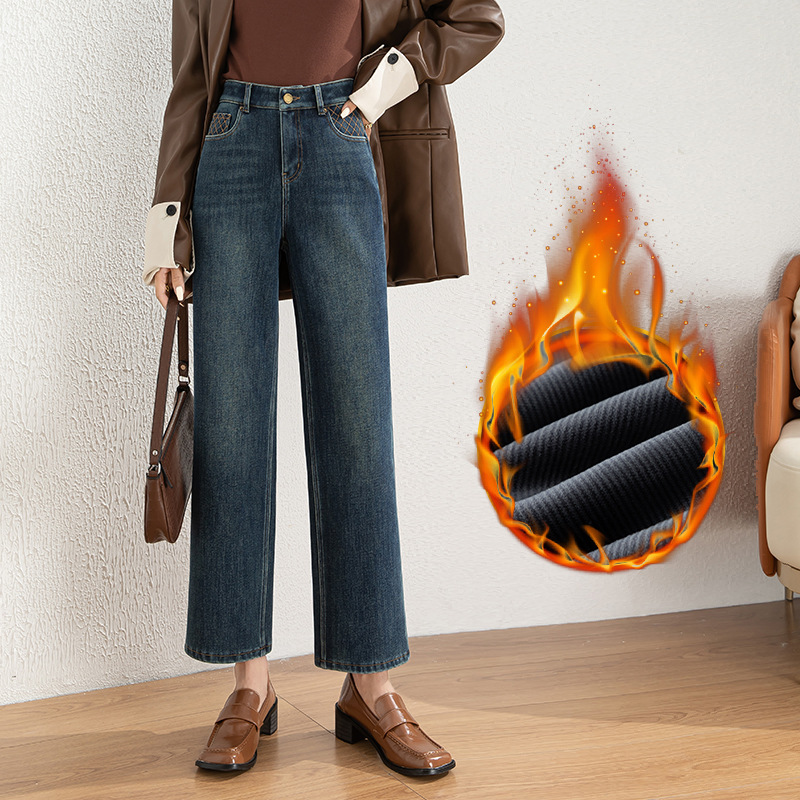 年冬季绣花牛仔阔腿裤韩版高腰复合绒加厚九分直筒裤