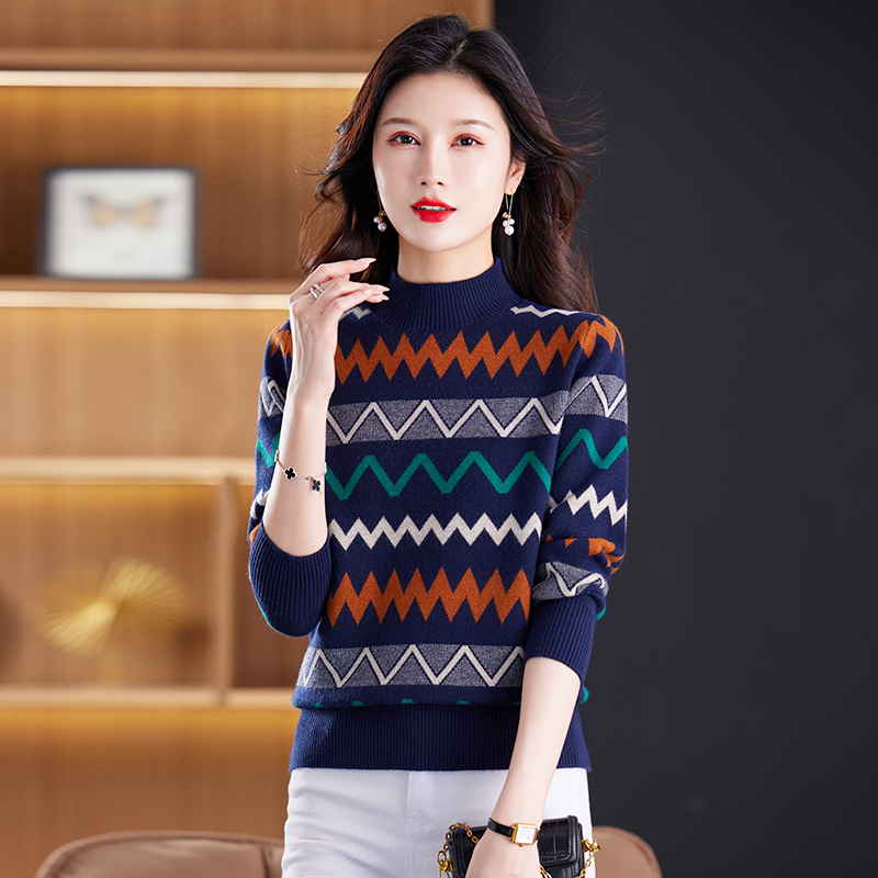 2024春秋新款半高领双股羊绒衫女半高领100%纯山羊绒毛衣印花针织衫宽松慵懒毛衣套头女装上衣针织打底衫加厚外搭毛衣女高清大图