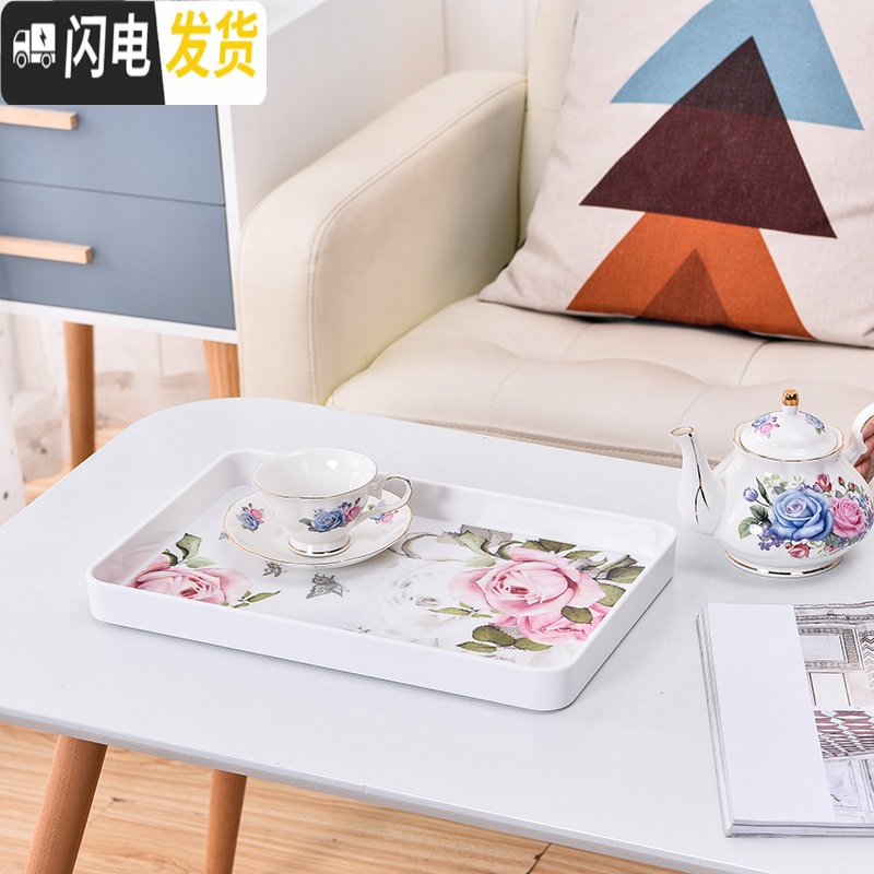 三维工匠欧式简约长方形托盘 酒水点心西餐盘客厅放杯子的加厚密胺茶盘子 加厚小号蝶飞若舞茶具高清大图
