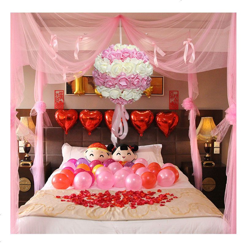 创意婚房布置套装新婚卧室装饰气球结婚红色纱幔拉花婚礼场地