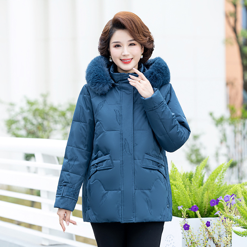 JPDUN吉普盾羽绒服女秋冬装外套胖妈妈中长款中老年人中年加肥加大码加厚棉袄 2XL 湖蓝色