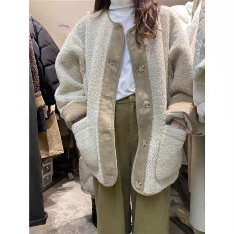 羊羔毛绒加厚短外套女皮毛一体秋冬新款圆领复古拼接韩版宽松棉衣