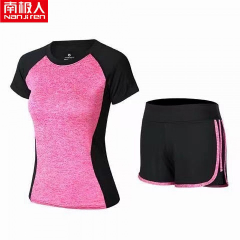 瑜伽服运动套装女春夏健身服跑步锻炼衣修身显瘦网红潮 瘦腰麻玫红【短袖+短裤】 L【建议95-105斤】