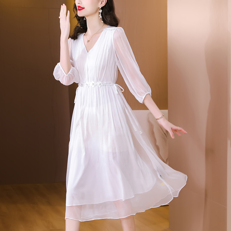 重磅杭州气质真丝连衣裙夏装2024年新款收腰桑蚕丝裙子女高清大图