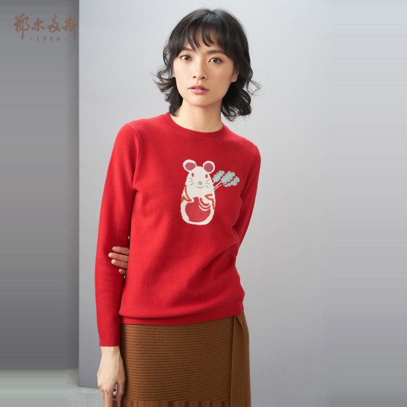 鄂尔多斯1980 圆领生肖鼠图案提花女羊绒衫针织衫