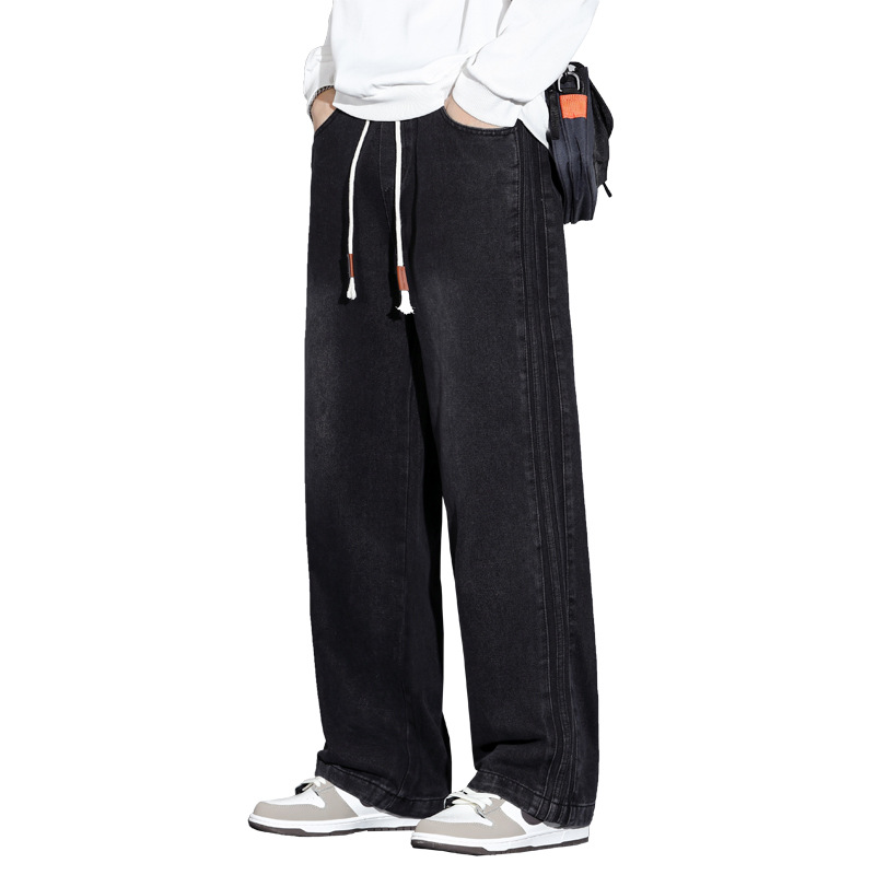 男士牛仔裤冬季热力绒舒适长裤男春秋新款宽松阔腿加绒裤男生高清大图