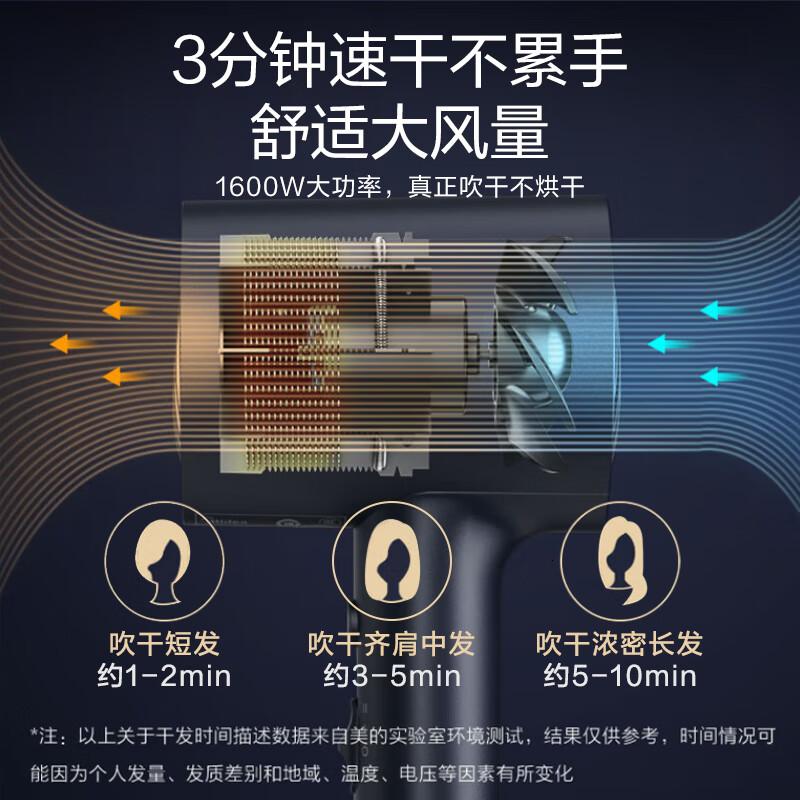 美的(Midea)吹风机家用便携吹风筒负离子护发大风力恒温速干星夜蓝1600W丨1.5亿负离子