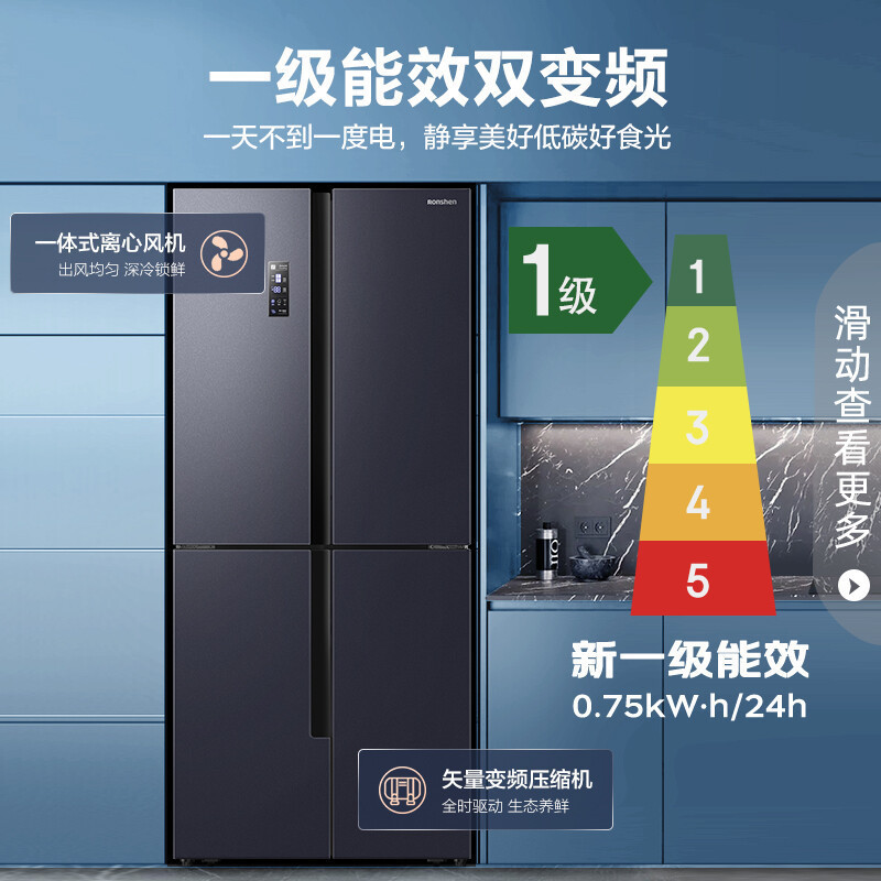 容声(Ronshen)432升变频一级能效十字对开门四门冰箱家用风冷无霜净味超薄机身大容量