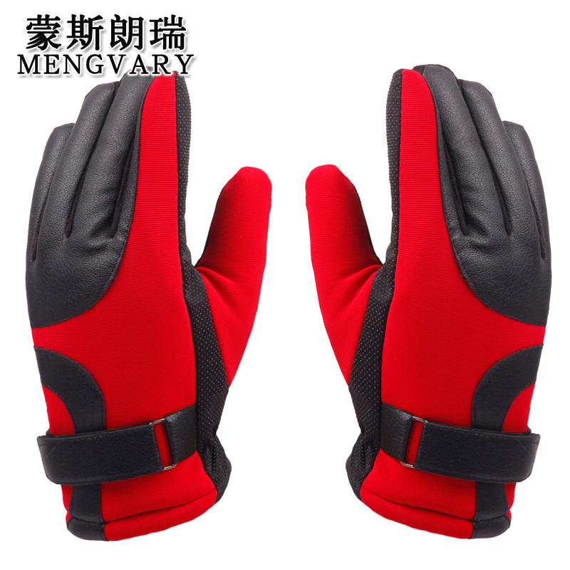 蒙斯朗瑞冬季保暖手套男士户外防滑骑车触屏手套男滑雪加绒加厚摩托车手套冬防风 红色