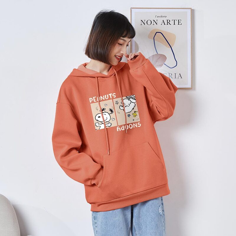 [2.5折价61元]唐狮秋装女上衣新款卫衣史努比前胸图案连帽卫衣宽松百搭潮